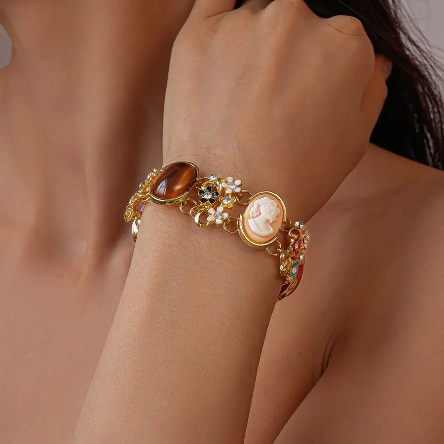 Women's Vintage Floral Statement Bangle - Resin Cameo Portrait, Sparkling Rhinestones, Lightweight Romantic Coquette Jewelry, Accessories for Women, Casual/Party Wear, Bold Silhouette, Anniversary Birthday Gift