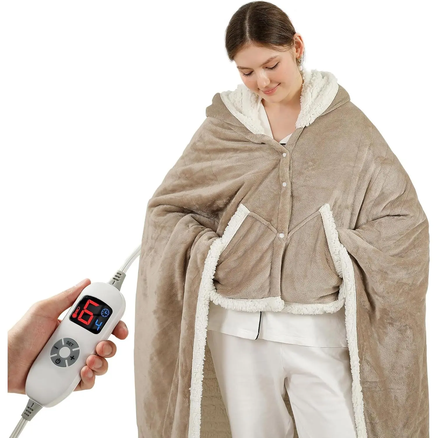 Wearable Heated Blanket Electric Throw, Heated Shawl with 6 Heating Levels and 1-4 Hours Auto Off, Heated Hoodie Women for Mom Women Seniors Grandma 50"x64" Light Beige
