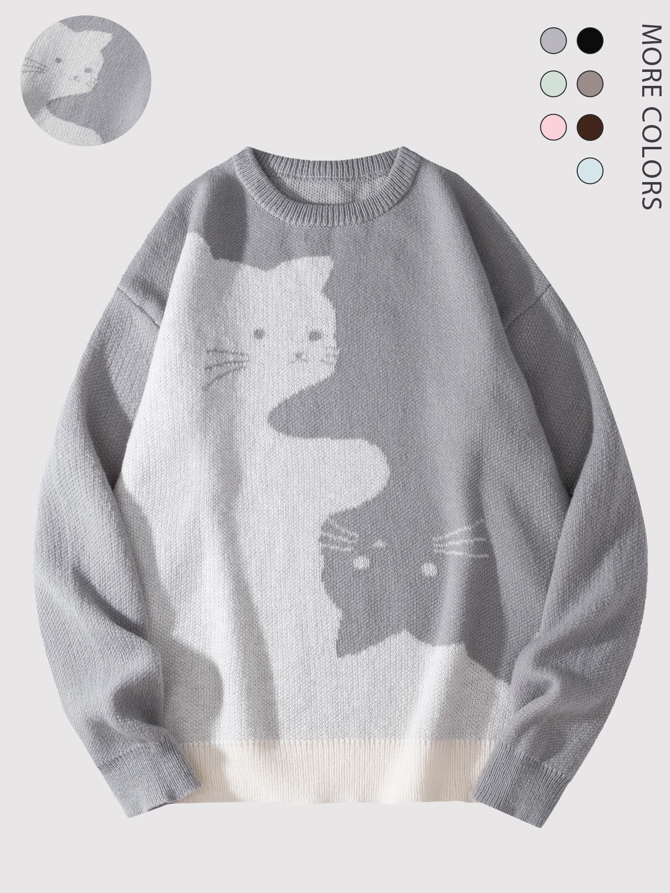 #Springfresh Love Men's / Unisex Cartoon Cat Jacquard Crew Neck Sweater Loose Casual Long-sleeve Knitwear Fashionable Autumn and Winter Knitwear Daily Wear Pullover College Style Versatile Trendy Brand SpringStatements