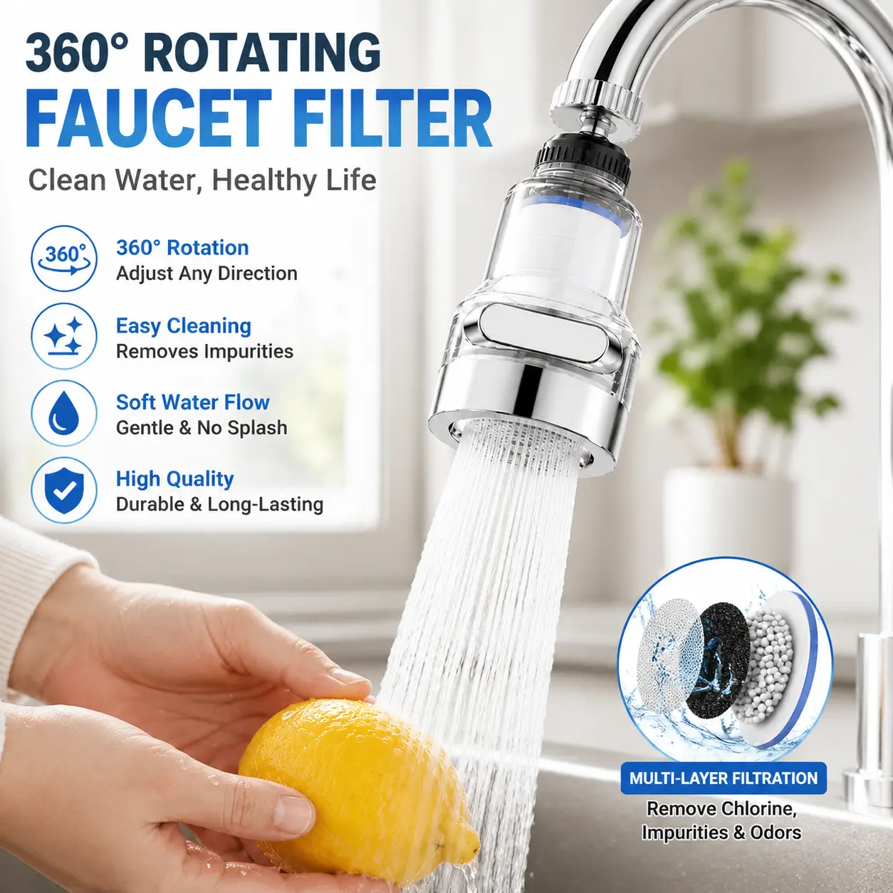 2PCS 360 °   Rotating Faucet Aerator, 6-Layer Filtration Splash Resistant Sink Nozzle for Kitchen Fruit Vegetable Washing