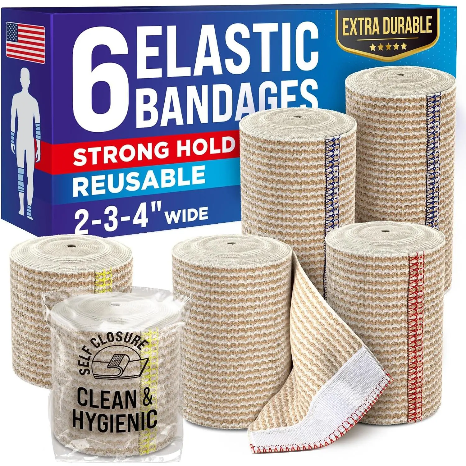 Elastic Bandage Wrap - 6pack (2x2in, 2x3in, 2x4in) - Self-Closing| Compression Bandage Wrap for Leg, Ankles, Wrists, and Knees - For First Aid Kit and After Surgery Recovery