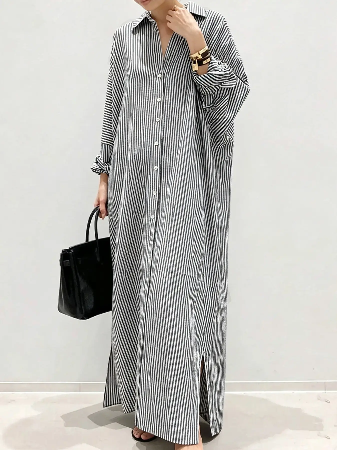 A fashionable and relaxed striped long sleeve loose casual elegant dress for women, featuring a side slit, is casual and versatile, suitable for spring and summer, beach vacations, travel, shopping, dating, and everyday wear at home