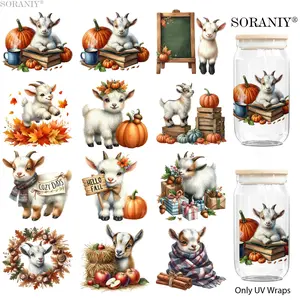 UV DTF Water Cup Transfer Stickers, 12 Pieces Autumn Goat Theme Waterproof, DIY Decor for Cups Bottles Furniture Frames Gifts