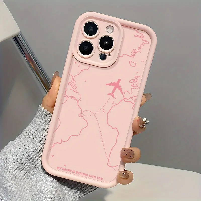 Phone Case - Pink Travel Map Phone Case with a Design Featuring Airplane Routes, Perfect for a Romantic Wanderlust Vibe. This All-Around Protective Case Is Compatible with iPhone 17 E Air 16 15 14 Pro Max Plus 13 12 Mini 11 X XS XR
