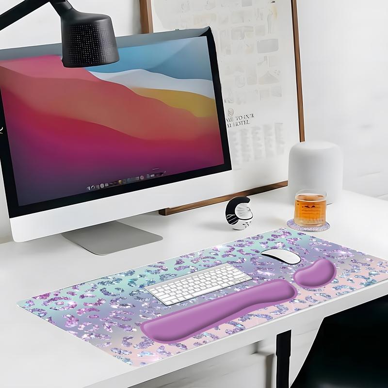 Sparkly Leopard-Print Mouse Pad Set, Mouse Pad & Keyboard Wrist Rest & Coaster, Waterproof Office Accessories Set, Non Slip Mousepad