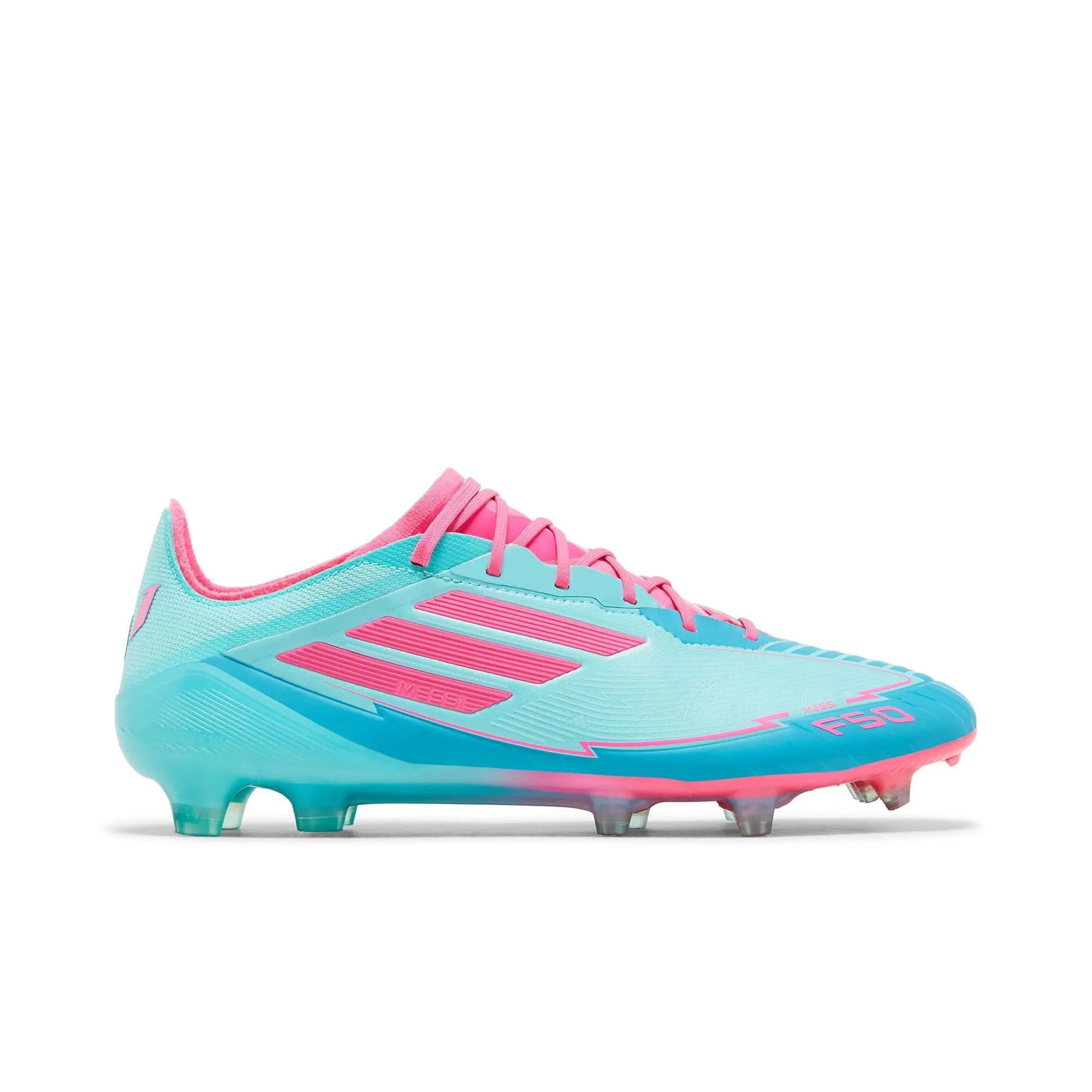 adidas Messi Adizero F50 Elite FG Football Boots (Unisex) - FG Sole, Graphical 'La Vida Tropical Pack', Lace-Up, Less Ankle Design, Flash Aqua/Lucid Pink/Lucid Cyan, IH0927