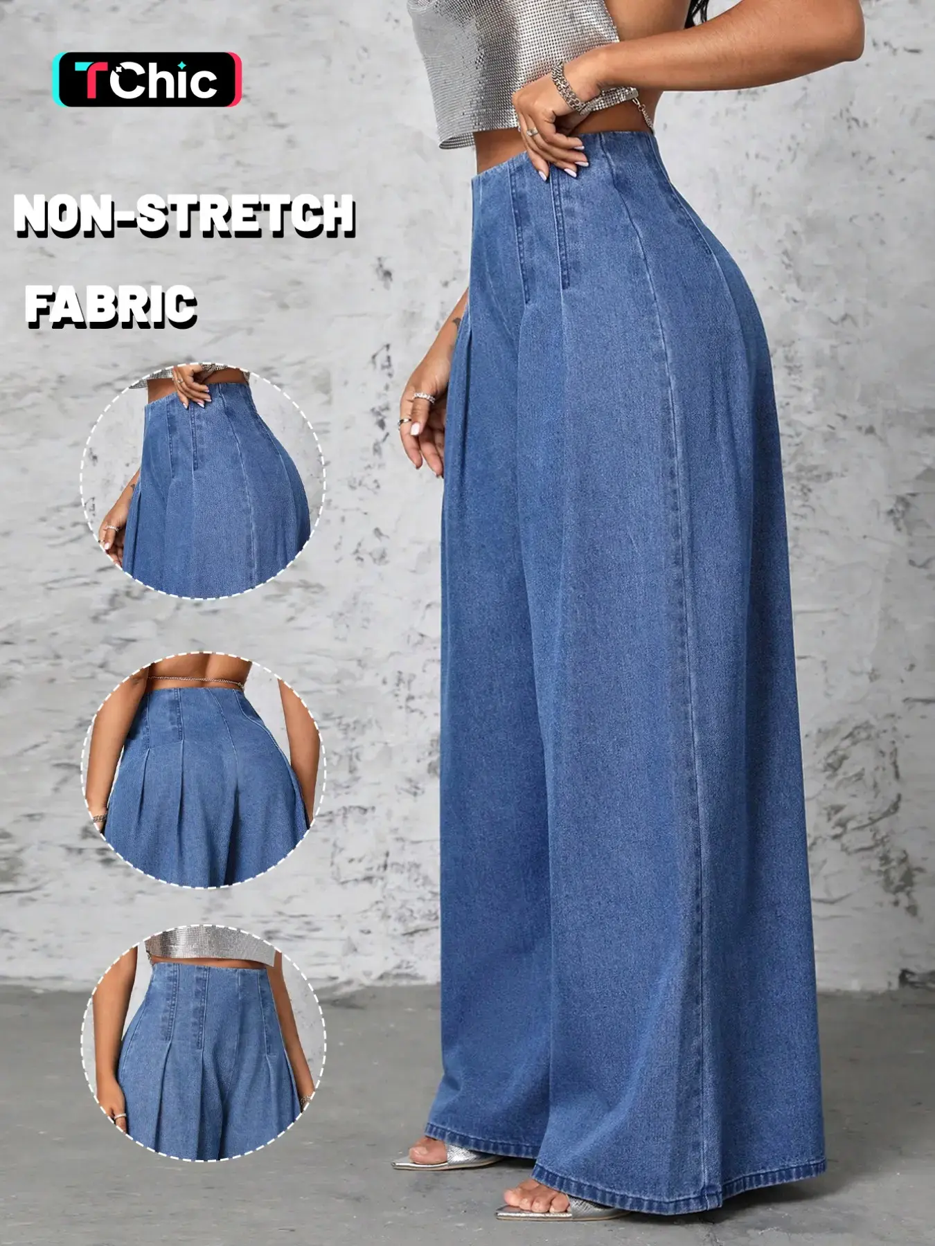 Women High Waist Pleated Front Wide Leg Non Stretch Jeans, Casual Loose Fit Palazzo Denim Trousers, Streetwear Fashion