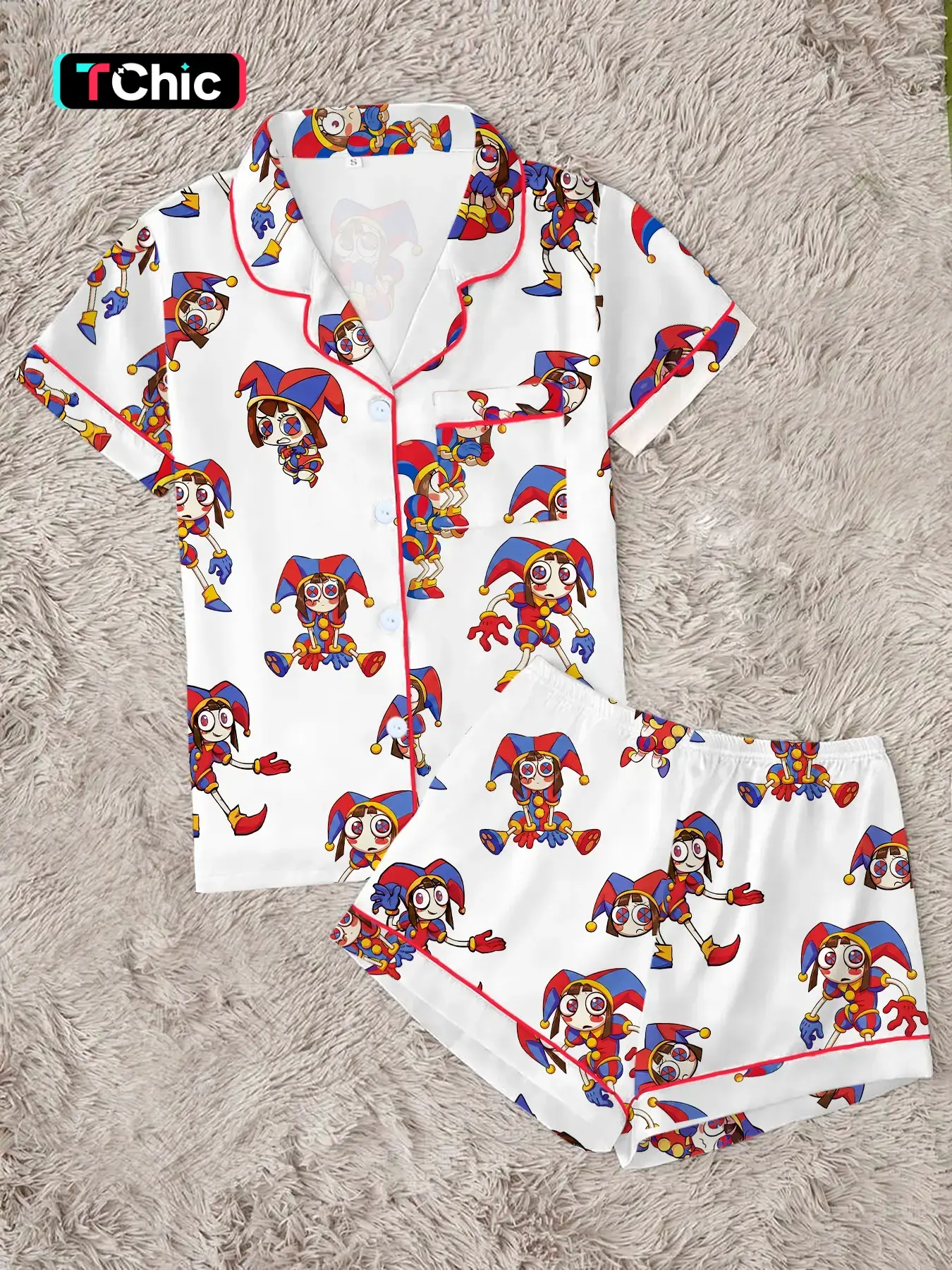 Women's Cute Circus Character Pajamas Set, Funny Magic Monster Pattern Button Sleepwear, Soft 2-Piece Short Sleeve Summer Home Wear