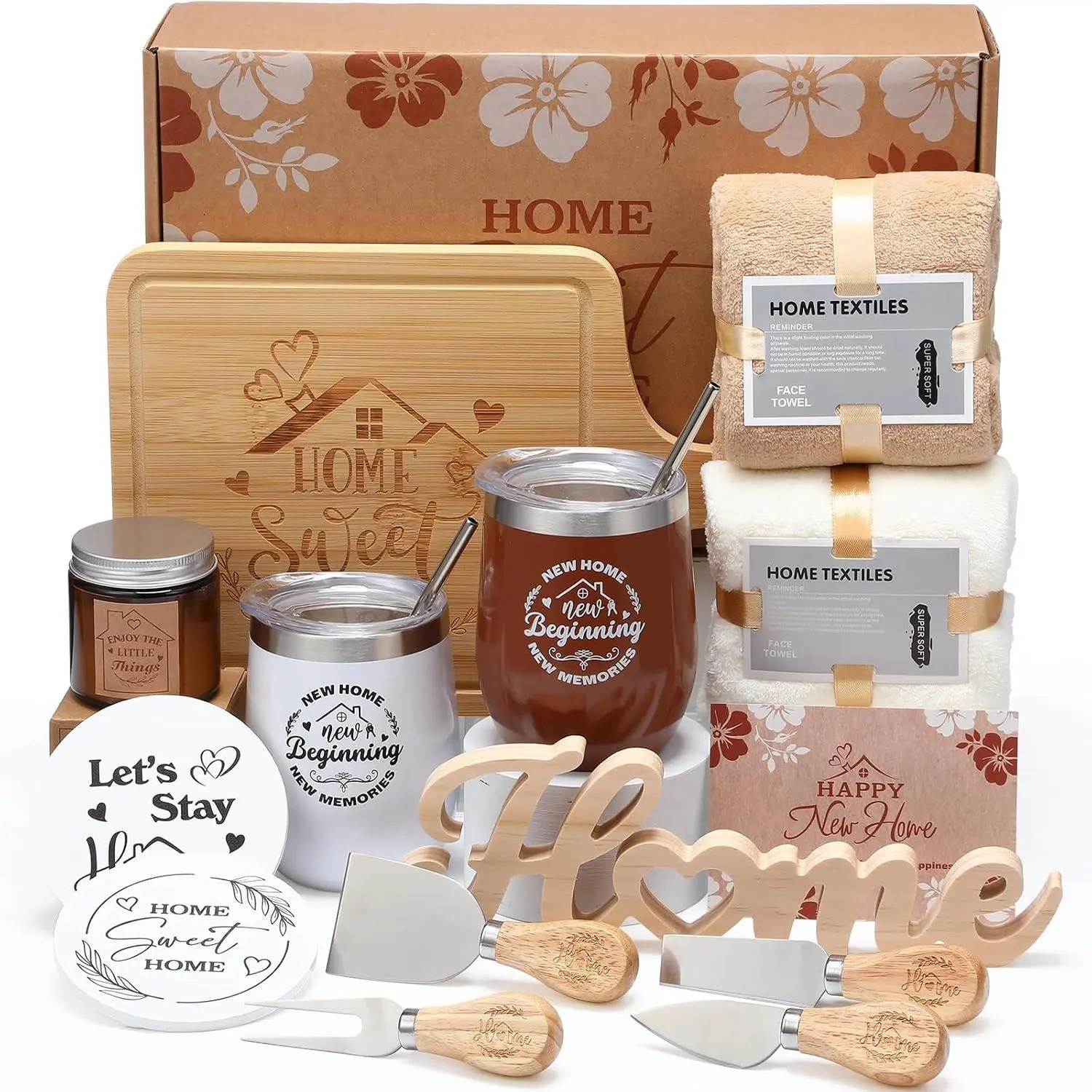 Housewarming Gifts  House -19 Pcs Closing Gifts for Couple  Women Men  Buyers, House Warming Basket for  Houses Apartment Kitchen Presents(Nature,Brown)