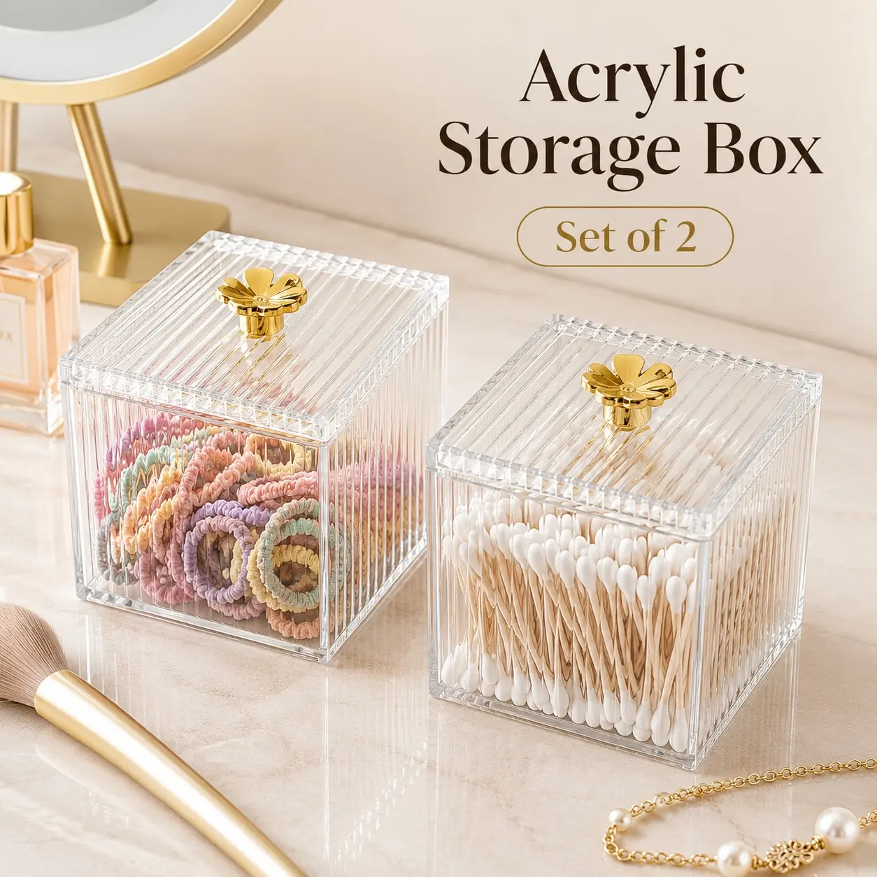 Two-Pack Vertical Texture Transparent Acrylic Storage Box, Lidded Dust-Proof Makeup Cotton Swab Container, Vanity Desk Organizer