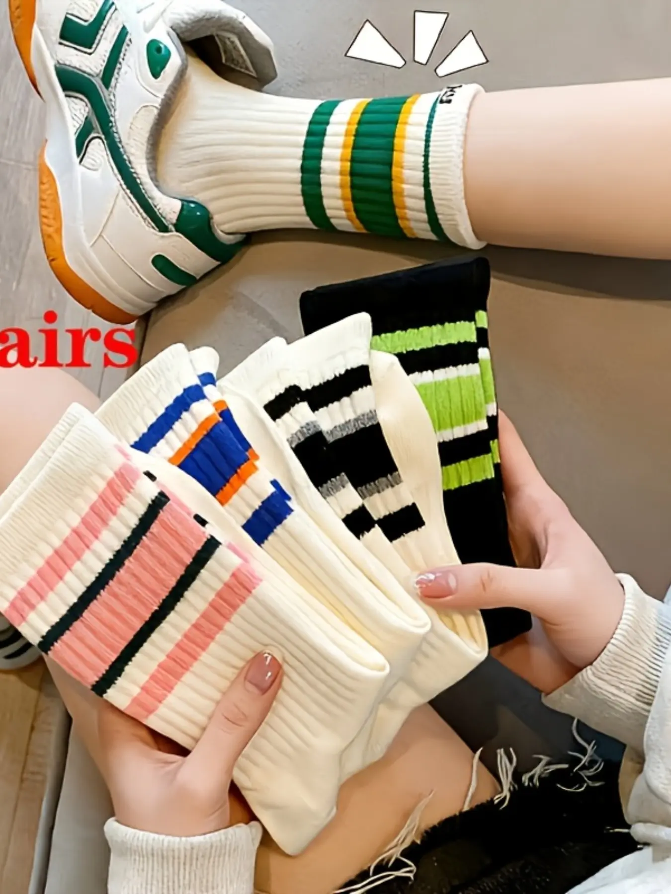 5 Pairs Women's Outdoor Sports Crew Socks, Multi Stripes Colors, All Seasons, Comfortable with Jeans Skirts Shoes, Gift for Valentine Mother's Day
