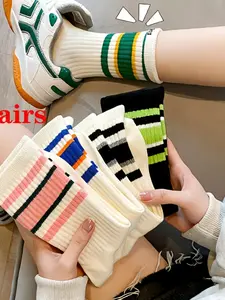 5 Pairs Women's Outdoor Sports Crew Socks, Multi Stripes Colors, All Seasons, Comfortable with Jeans Skirts Shoes, Gift for Valentine Mother's Day