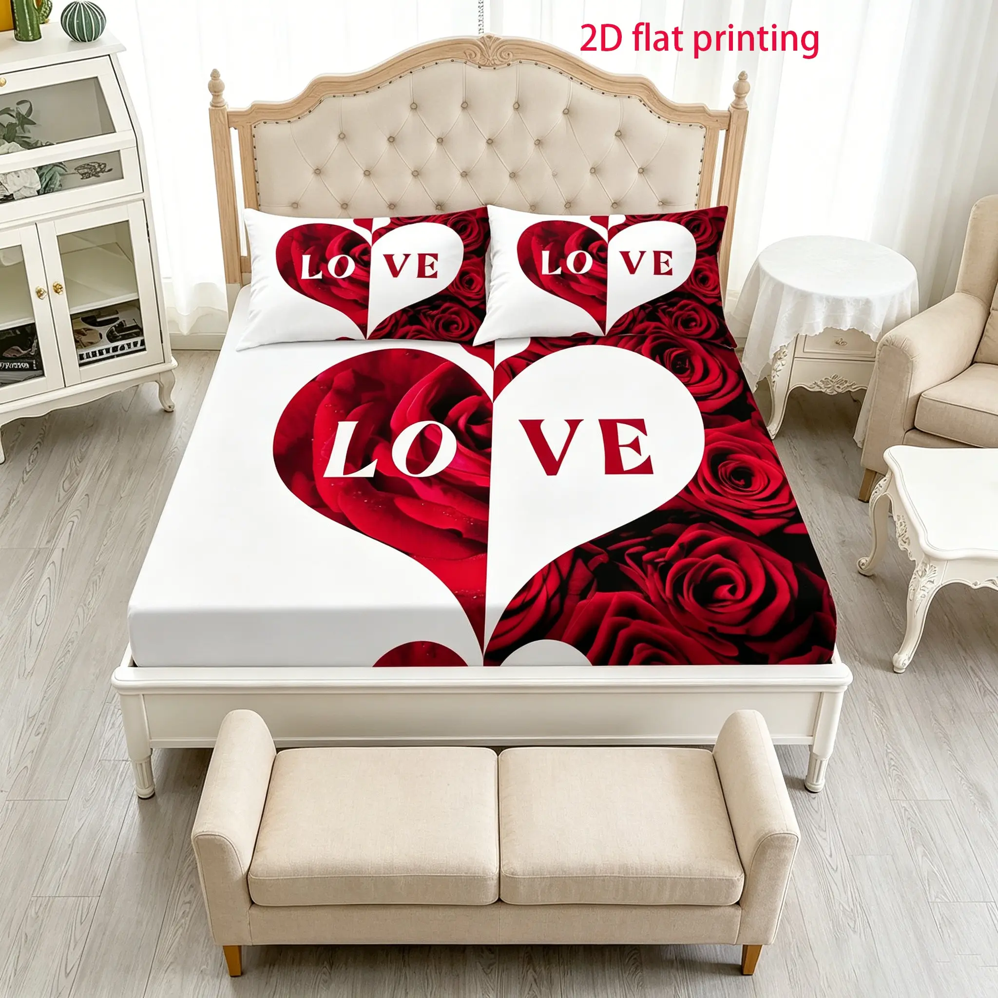 Romantic Red Rose Heart LOVE Fitted Sheet Three-Piece Set (Fitted Sheet 1 + Pillowcase 2) Wedding and Valentine's Day Bedroom Printed Bedding for Daily Home Use
