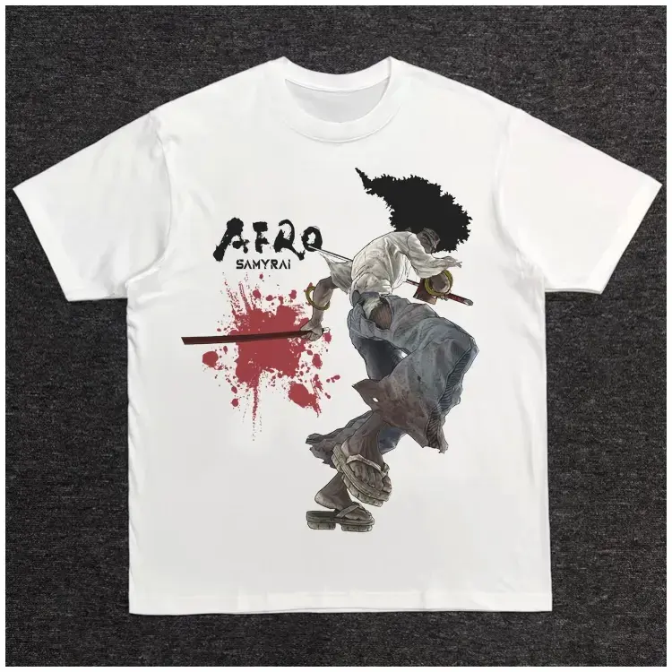 Women's Unisex Afro Samurai "Afro" Vintage Shortleeve Cotton Fabric Crewneck T-shirt, Original Design DTG Printing Casual Outfits Top, White, Shortsleeve, Round Neck