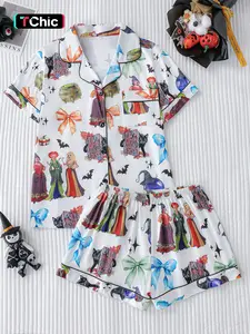 Halloween Witch Cat Print Pajama Set, Fitted Casual Style, All-Over Print, Short Sleeve Top & Loose Shorts, Comfortable Home Wear