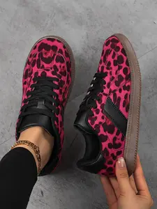 Women's Leopard Print Lace-Up Flat Shoes, Lightweight PU Leather Sporty Casual Sneakers, Comfortable All-Season Outdoor Footwear