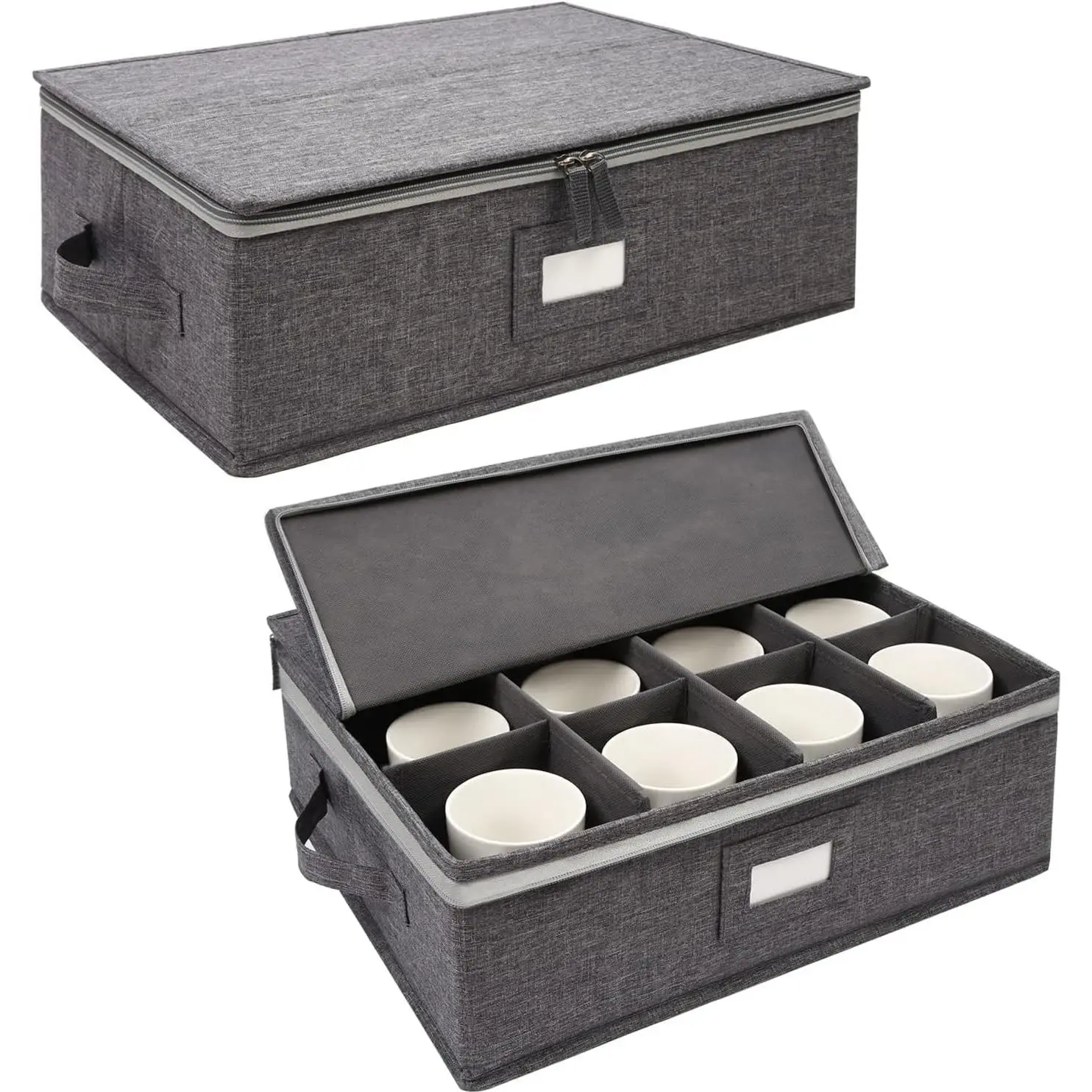 2 Pack Stackable Cup & Mug Storage - Holds 24 Coffee Mugs Tea Cups and Glasses, Hard Shell with Dividers Hard Top Sides, Stackable Grey Mug Storage Container