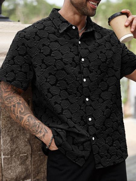 Men's Rose Print Short Sleeve Shirt, Casual Button Collared Loose Casual Soft Comfy Button Up Top for Summer, Men's Clothes for Daily Wear