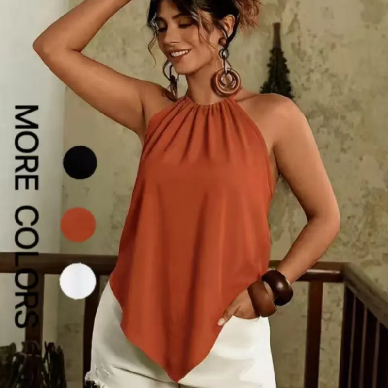 Elegant Vacation Style Halter Neck Camisole, Asymmetrical Hem Sleeveless Top, Sexy Backless Loose Fit, Perfect for Daily Wear, Travel, Dates, Camisole Tank Tops