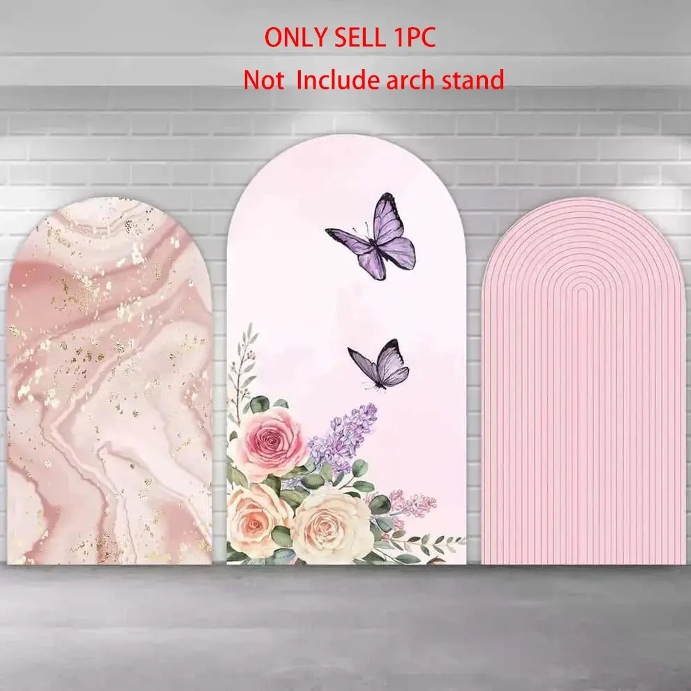 Girls Groovy Birthday Party Arch Covers Stretchy Backdrop, Pink Marble Flower Butterfly Stripes Design, Perfect for Girls Baby Shower Birthday Party Photo Backdrop