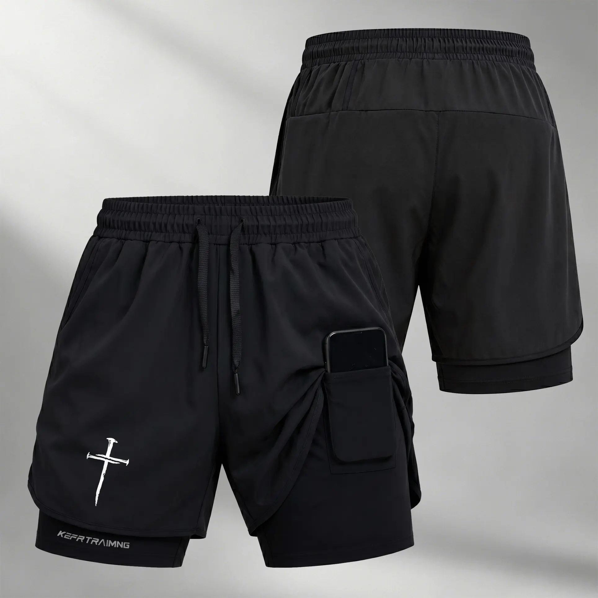 Men’s Faith Cross Print 2-in-1 Utility Shorts, Lightweight Quick-Dry Athletic Shorts with Built-in Liner, Secure Phone Pocket, Adjustable Waist, Casual Gym Running Shorts for Daily Wear,travel essentials,camping essentials