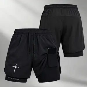 Men’s Faith Cross Print 2-in-1 Utility Shorts, Lightweight Quick-Dry Athletic Shorts with Built-in Liner, Secure Phone Pocket, Adjustable Waist, Casual Gym Running Shorts for Daily Wear