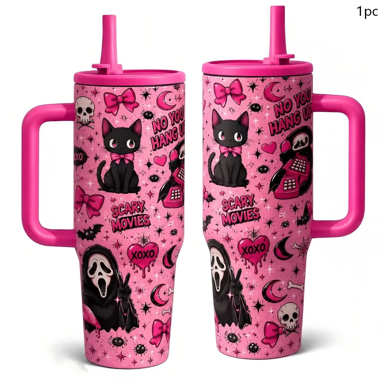1PC 40oz Pink Spooky Black Cat Ghost Skull Bow Pattern Insulated Valentines Tumbler with Handle & Straw, Double Wall Vacuum Leak-Proof Travel Mug, Hot 12H Cold 24H, Large Water Bottle for Women Teens, Halloween Valentine Gift