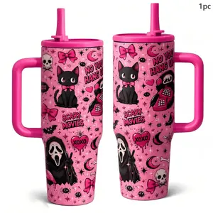 1PC 40oz Pink Spooky Black Cat Ghost Skull Bow Pattern Insulated Tumbler with Handle & Straw, Double Wall Vacuum Leak-Proof Travel Mug, Hot 12H Cold 24H, Large Water Bottle for Women Teens, Halloween Valentine Gift