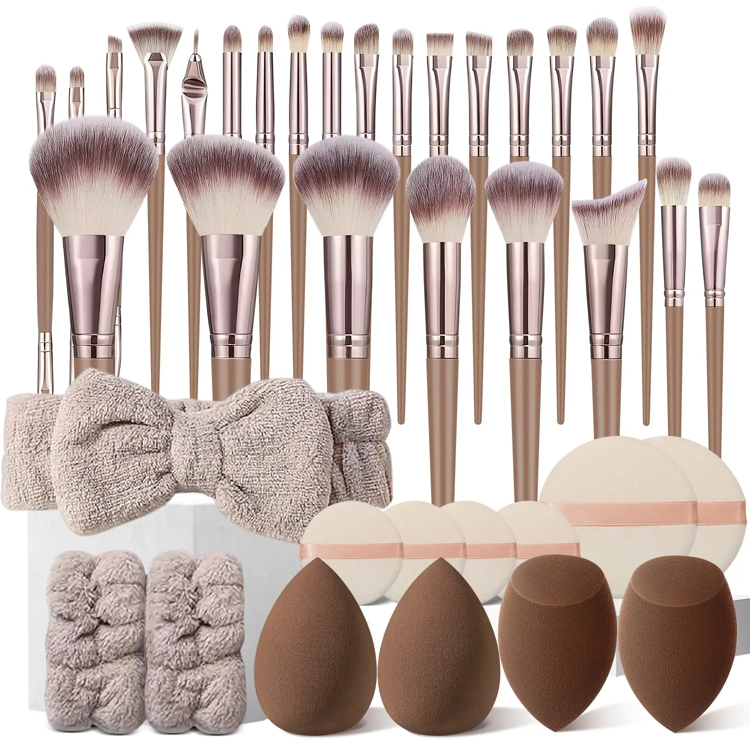 38Pcs Quick & Easy Makeup Brush Kit - Foundation, Powder, Blending & Eye Shadow Brushes with Makeup Sponges, Puffs, Headband, Wristbands, Effortless Makeup Application for Busy Lifesty