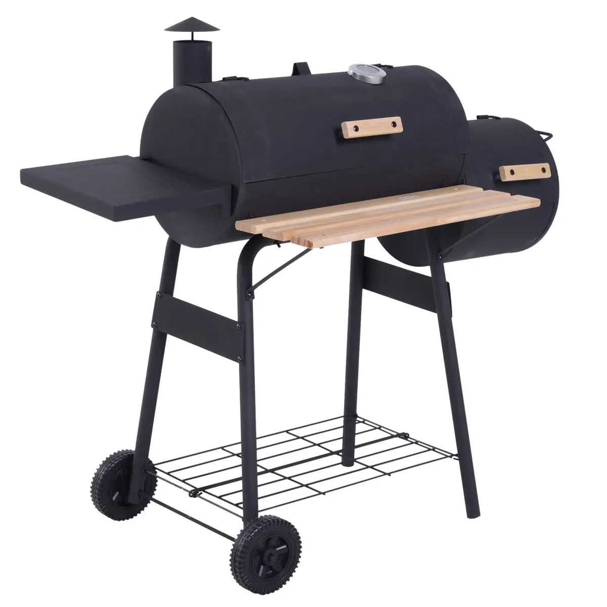 Offset Smoker and Charcoal BBQ Grill, 48-Inch Portable Combo with a Sturdy Steel Frame, Wheels, Shelves, and Built-In Thermometer, Handles
