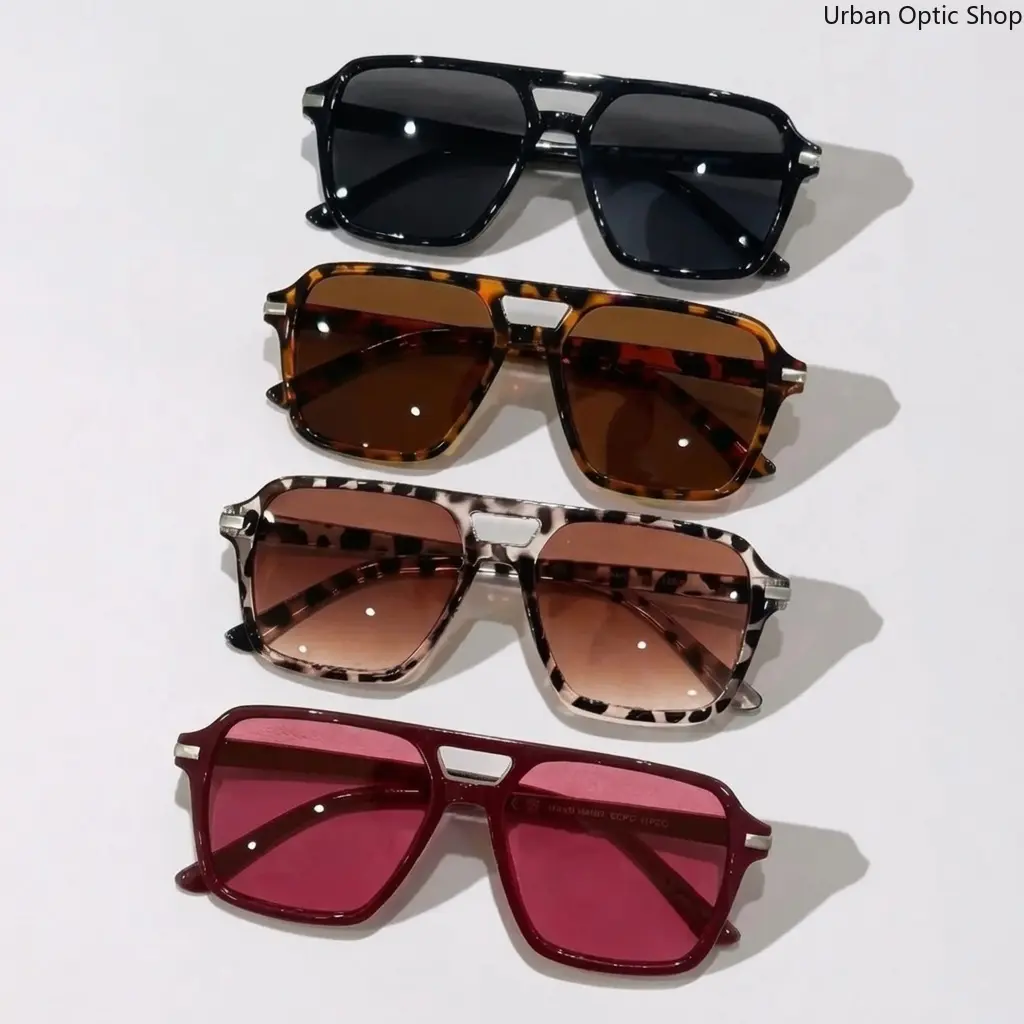 XUH 4-Pack Multicolor Dual Bridge Pilot Square Sunglasses for Women - Retro Hong Kong Style PC-Nylon Frame Stylish Female Outdoor Eyewear for Daily Commute, Street Photography, Stylish Accessories, Eyewear Fashion, Fashion Eyewear