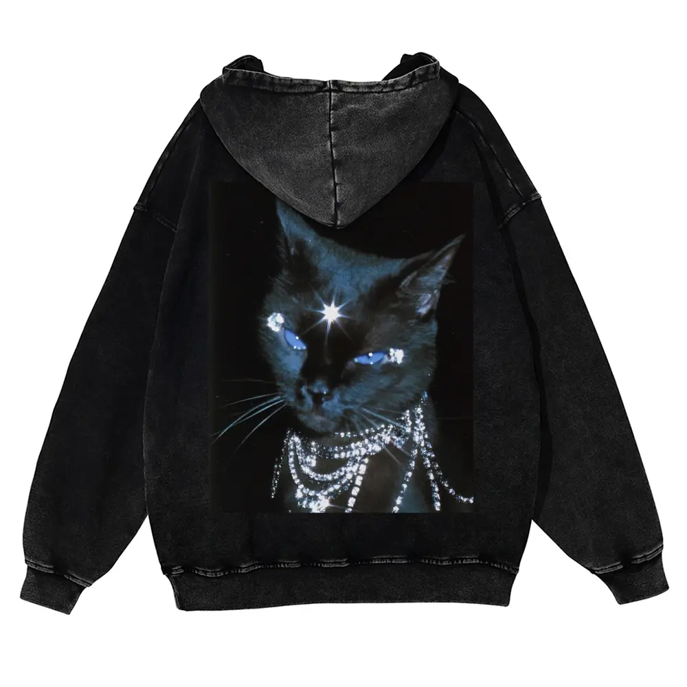 Unisex Sparkling diamond, short-haired black cat, icy blue cat eyes, dark luxury style Graphic Washed hoodie Personalized Pattern Y2k Clothing Round Neck Washed hoodie,Women's Clothing 100% Cotton, Menswear, Top, Vintage Style,Summer Casual Oversized