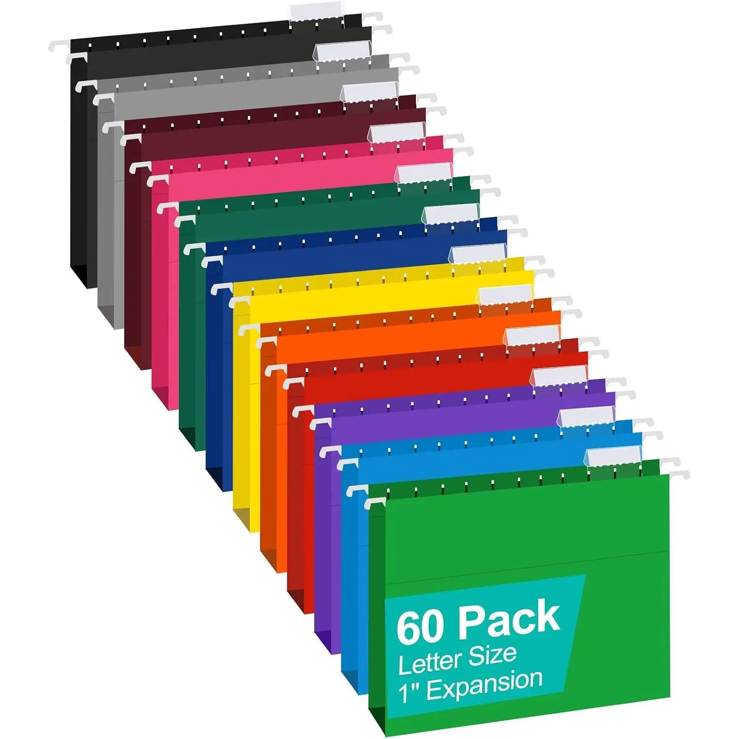 Extra Capacity Hanging File Folders, 60 Pack Reinforced Letter Size Hanging Folders with Heavy Duty 1 Inch Expansion, Designed for Bulky Files, Medical Charts, 12 Assorted Colors