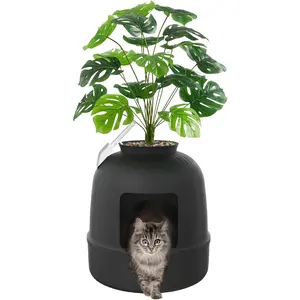 Hidden Enclosure Cat Litter Box - Durable Odor Control Tray with Carbon Filter, Faux Plant, Plastic Scoop, Easy to Assemble for Corner Use, 19x47 Inches/48x120 cm, Black, Creates Cleaner Space