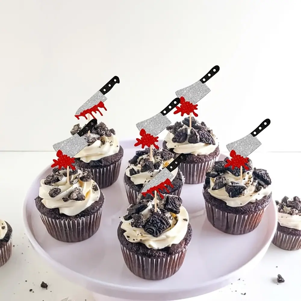 Spooky Bloody Knife Cupcake Toppers 6pcs, Glitter Horror Cake Picks, Halloween Themed Decorations, Party & Birthday Cake Decor Accessories