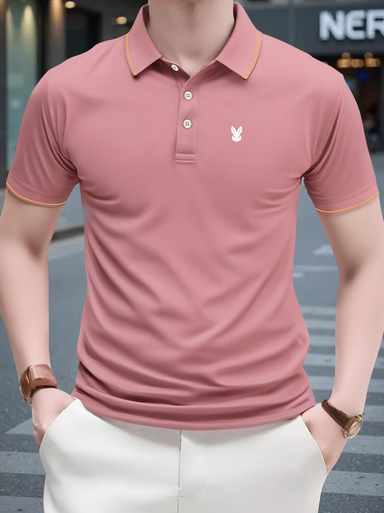 Men's Regular Fit Rabbit Print   Polo Shirt, Casual Short Sleeve Half Button Top for Summer, Fashion Men's Clothes for Daily Wear