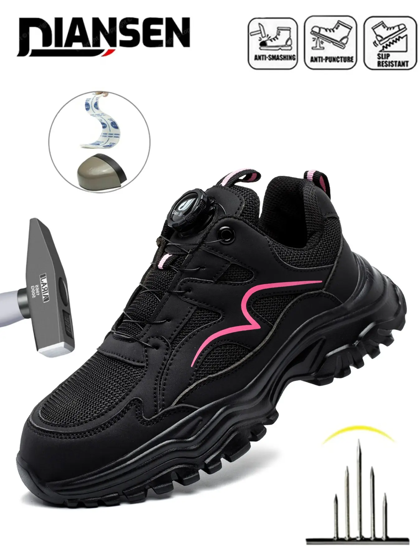 Women's Steel Toe Safety Shoes, Anti-Puncture, Waterproof, Lightweight Work Boots, PU Leather, Low Top, Suitable for Construction Sites, Lightweight Safety Footwear