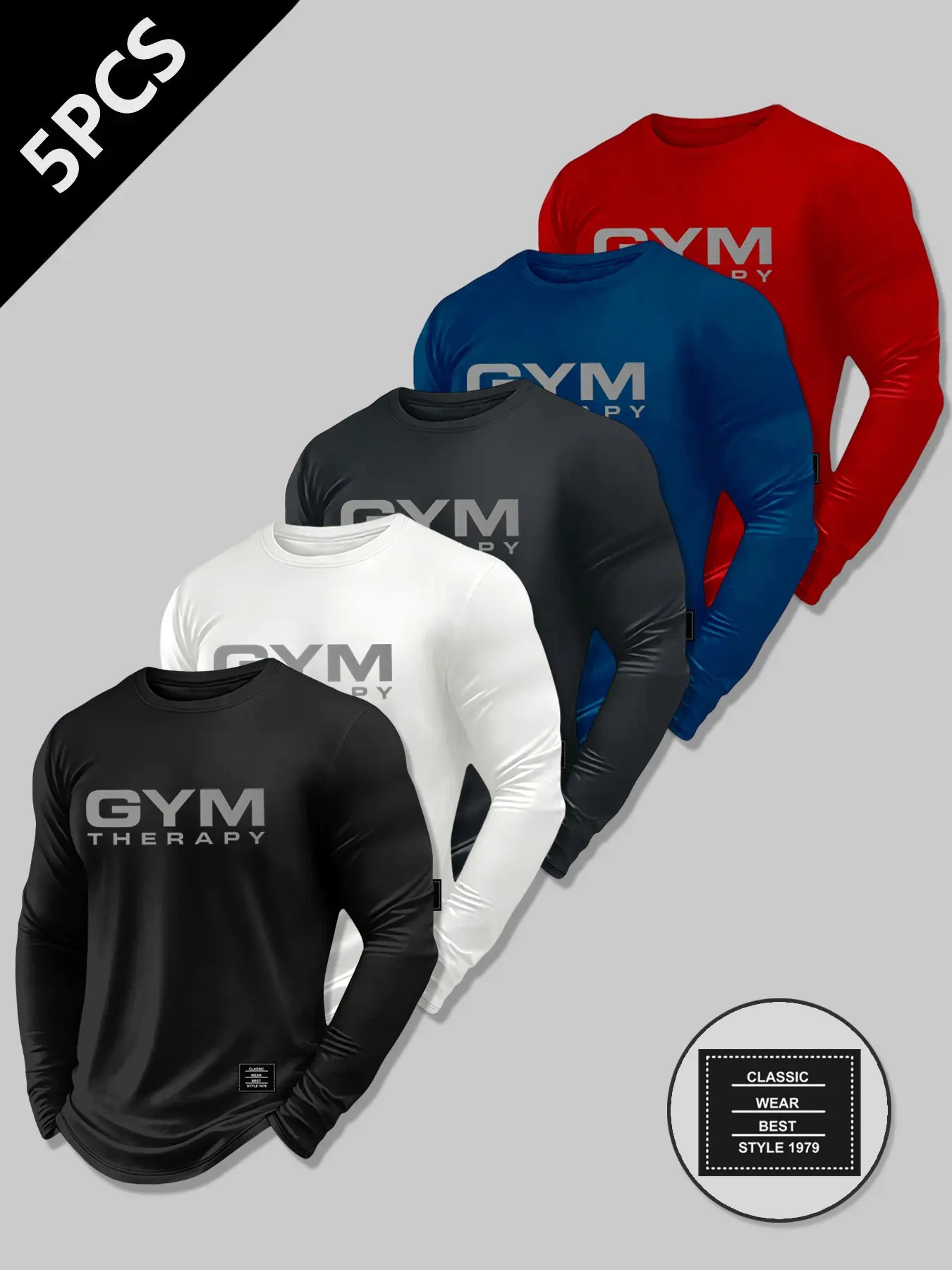 Men's Spring Fall Fitness Apparel Long Sleeve Sporty T-Shirt, Fitness Clothes, Gym Therapy Print Design, Daily Commute & Gym Wear, Round Neck, No Zipper