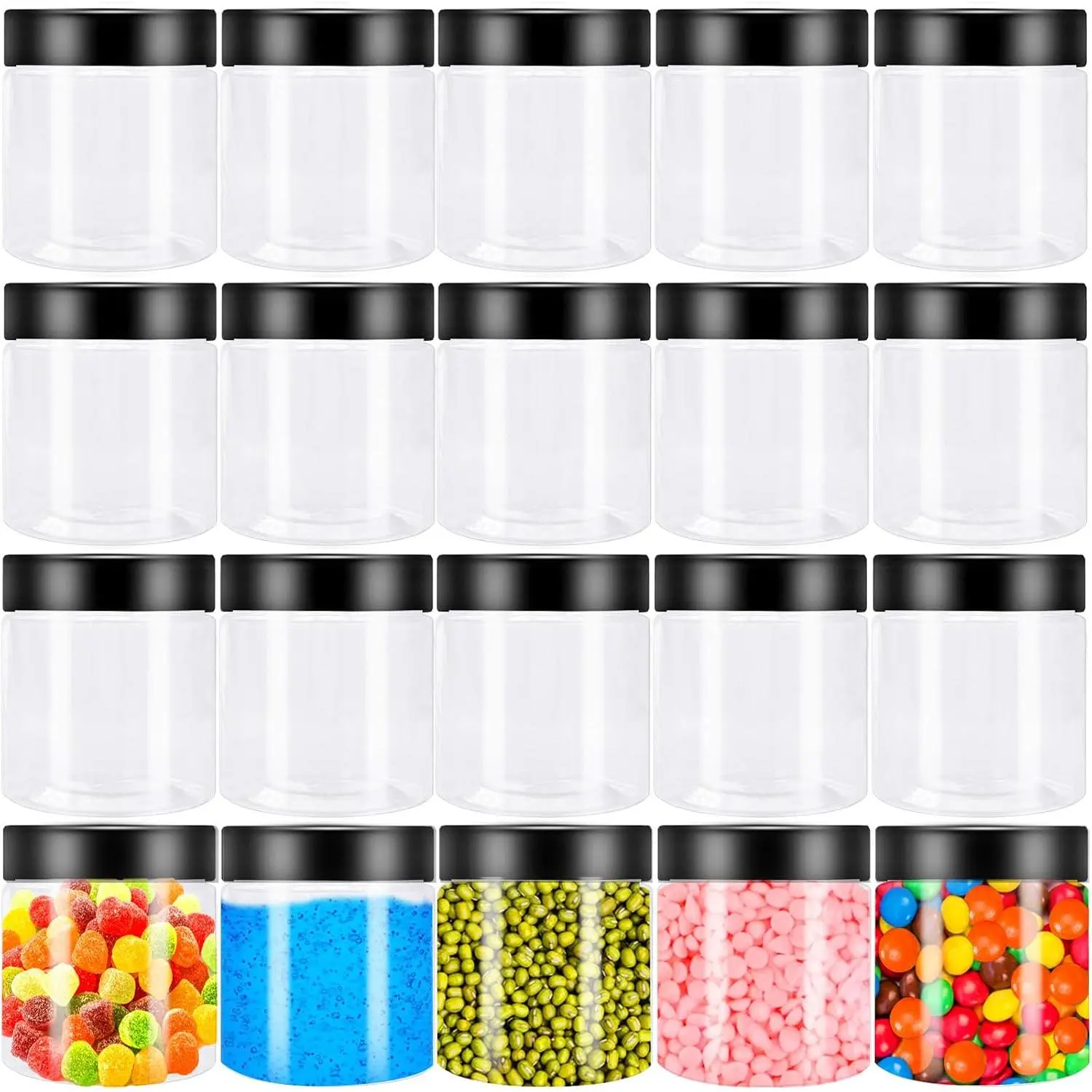 20 count 4oz Plastic  Containers with Black ,Round Refillable Travel Storage Sealed Jars Clear Wide Mouth Container for Candy, Storage,Makeup,,,Eye Shadow,Cream,Samples