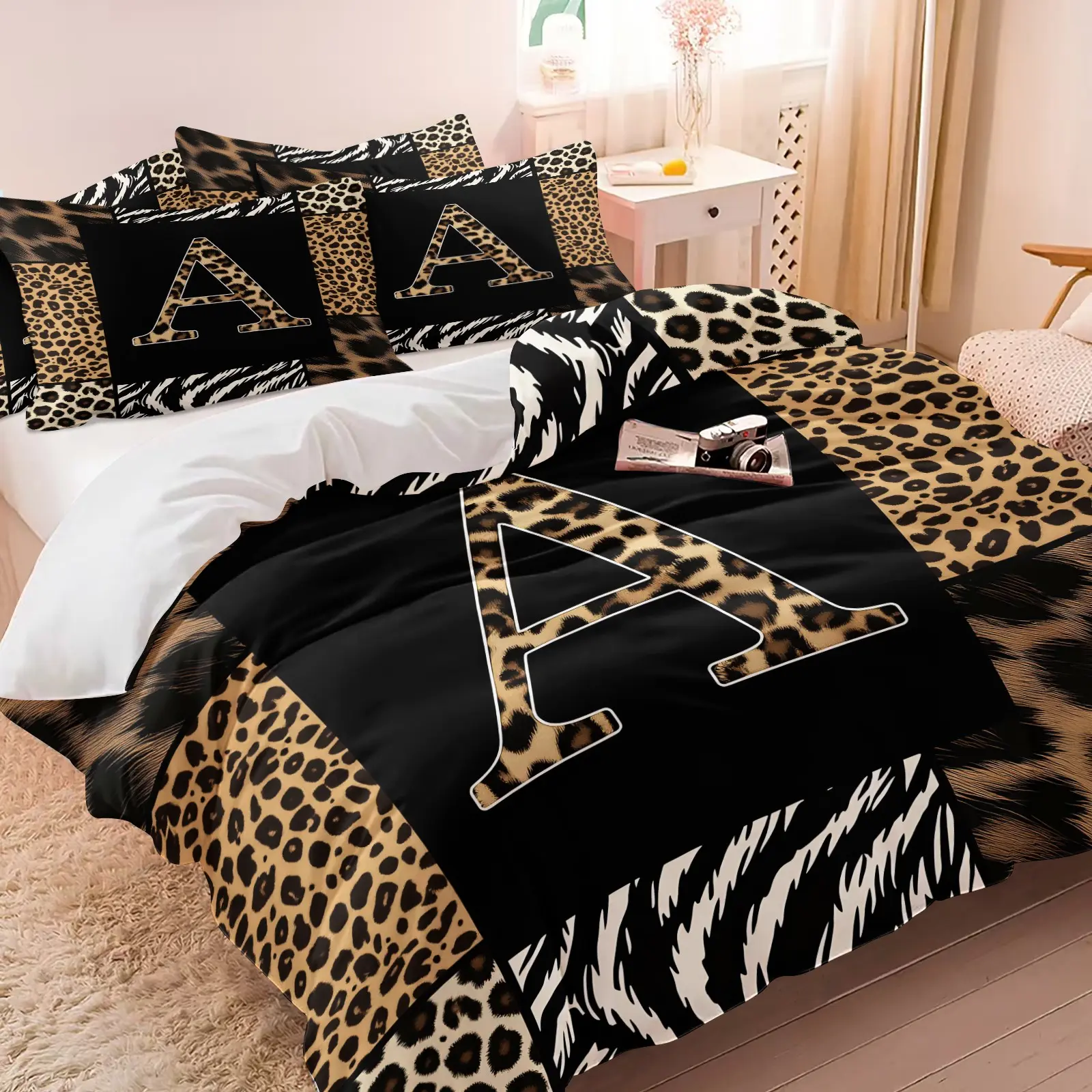 Leopard Zebra Patchwork Letter A Duvet Cover Set, 1 Duvet Cover + 1-2 Pillowcases, Wild Animal Print Patchwork Bedding Set, comfy bed sets, Soft Microfiber All Season, Luxury Fashion Bedroom Decoration, Gift for Leopard Print Enthusiast