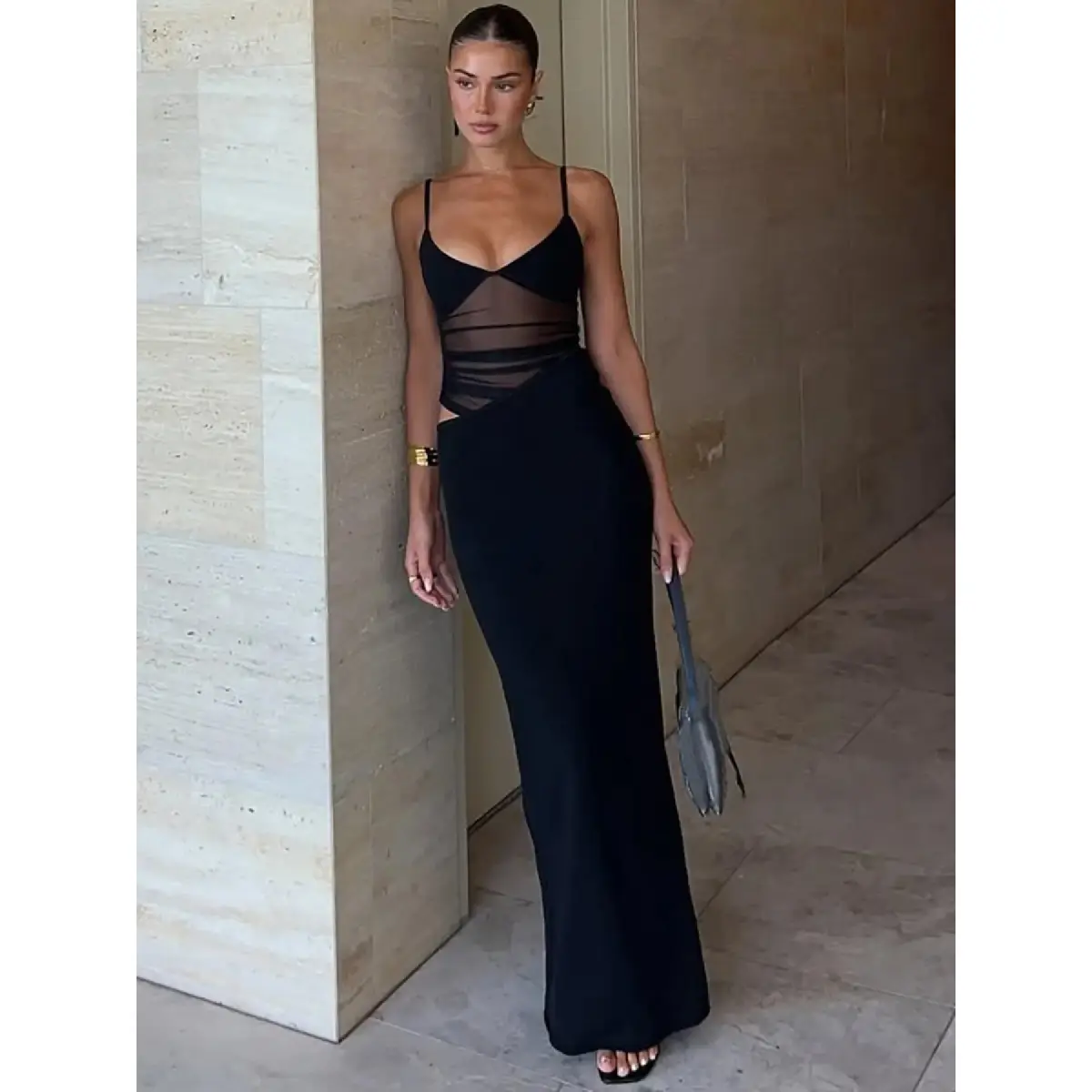 Women's Fashion Plain Cut Out Back Split See Through Sheer Mesh Cocktail Maxi Bodycon Evening Dress, Solid Color Backless Spaghetti Strap Sleeveless Dress for Party Club Dating Wear, Ladies Clothes for All Seasons