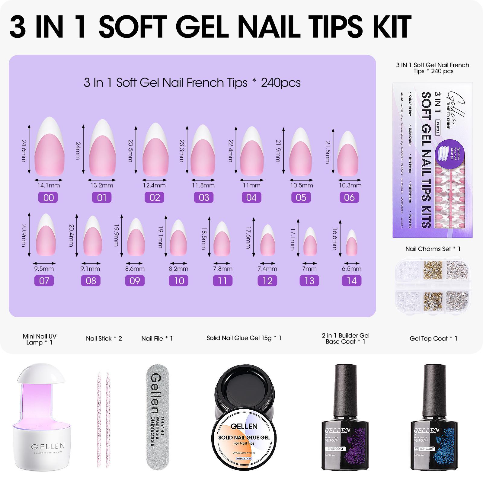 Gellen Complete French Tip Nail Kit – 240pcs, Gel top coat & base coat, UV lamp, Solid Nail Glue Nailartkits Polishset