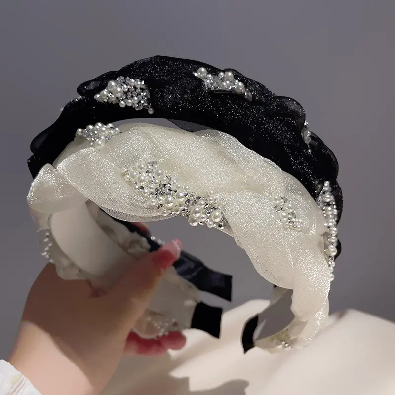Padded Headband for Women, Luxury Rhinestone Embellished Wide Organza Band in a Hoop Shape, Viscose Silk