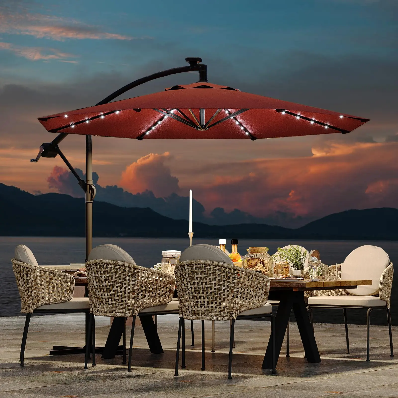 10FT Solar LED Cantilever Umbrella｜Fade UV Resistant Infinite Tilt Easy Lift Cross Base｜Outdoor Shade for Deck Pool Garden Backyard