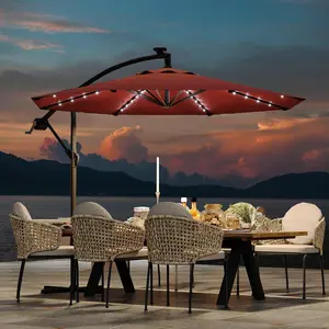 10FT Solar LED Cantilever Umbrella｜Fade UV Resistant Infinite Tilt Easy Lift Cross Base｜Outdoor Shade for Deck Pool Garden Backyard