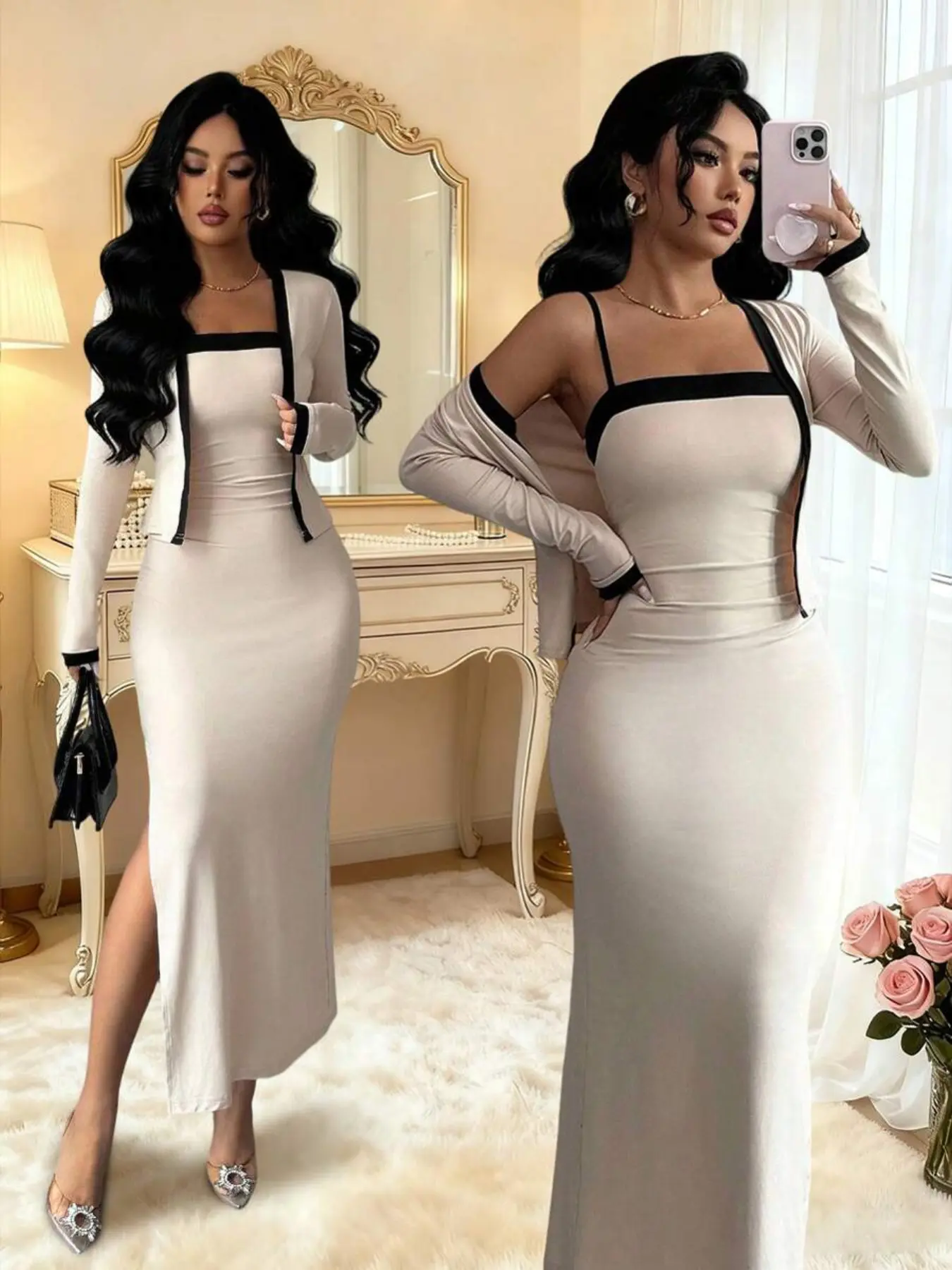 Women's and Peach Color Block Long Sleeve Cardigan and Split Dress Set, Perfect for Fall & Winter Parties, Commutes, Dinners, Daily Wear