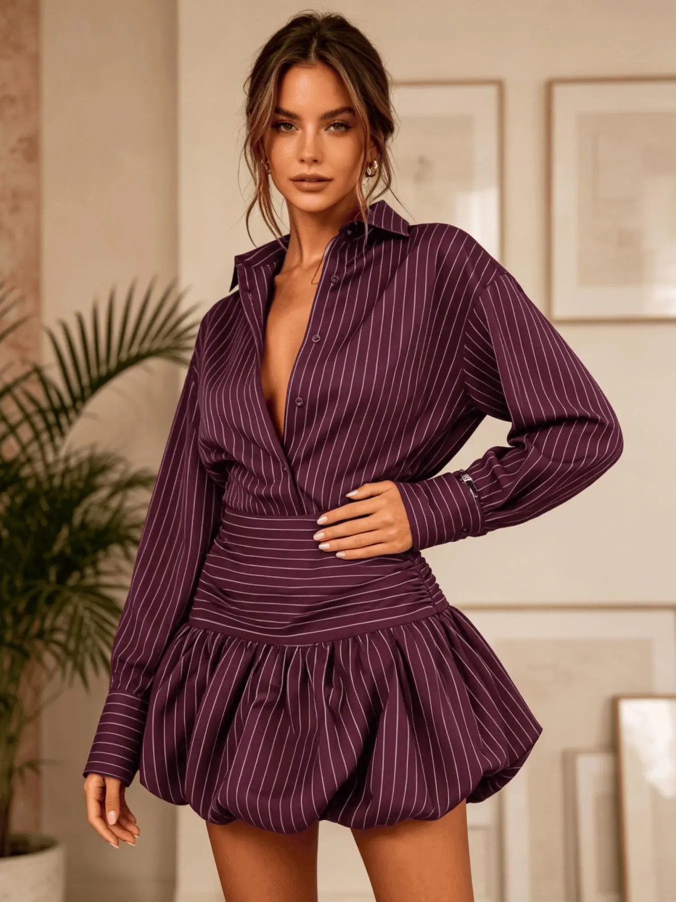 A women's fashionable burgundy striped waist cinched flower bud shirt short skirt Fashion Clothes Set, with a deep V-neck long sleeved collar and a high waisted fluffy hem, suitable for commuting, shopping, outdoor activities, indoor and outdoor wear