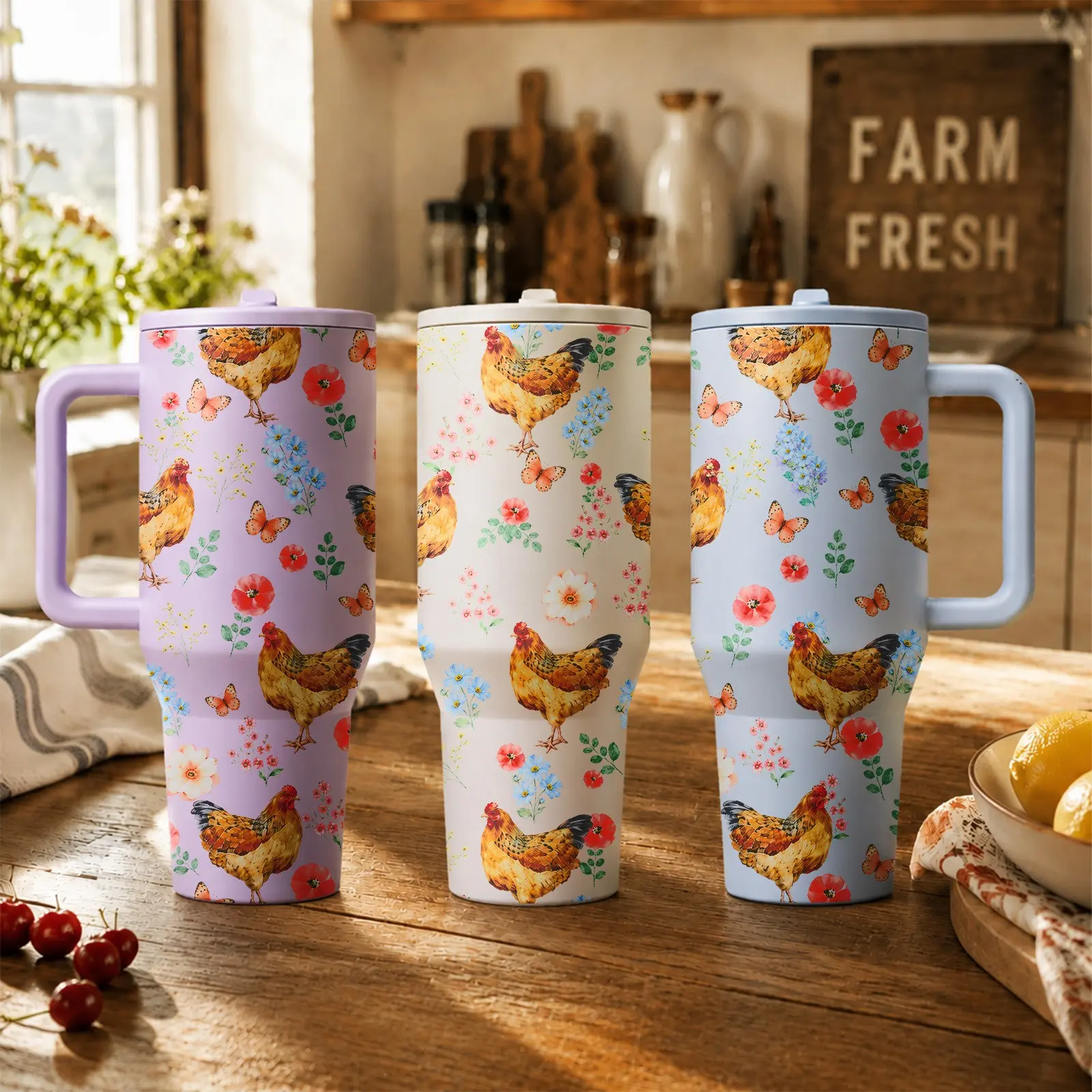 1PC 40oz Farmhouse Chicken Floral Stainless Steel Tumbler with Handle & Straw, Double Wall Insulated Travel Mug, Hen Wildflower Butterfly Country Design, Large Reusable Cup for Women, Office, Car, Travel, Daily Hydration, Farm Lover Gift