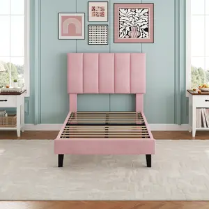 Twin Size Bed Frame, Velvet Upholstered Platform Bed with Adjustable Tufted Headboard, No Box Spring Needed