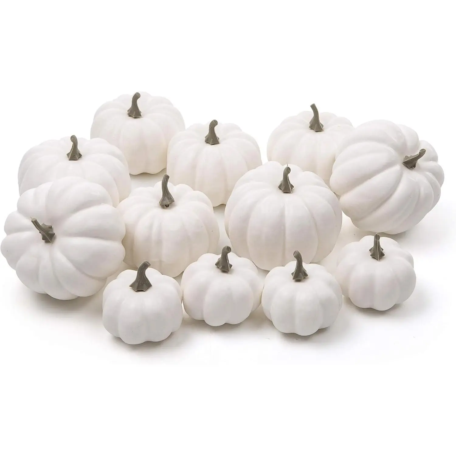 Ogrmar 12-Pack Multi-Size Decorative White Artificial Pumpkins - Lifelike Look, Realistic Shape Boxed Set for Halloween, Harvest Party Decorations